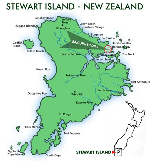 Rakiura Lodge accommodation is highlighted on this map of Stewart Island, New Zealand features