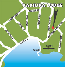 Rakiura Lodge accommodation is highlighted on this street map of Oban Township, Stewart Island, New Zealand